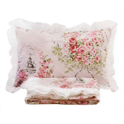 FADFAY,Romantic Flower Print Bedding Set,Floral Bed Set,Princess Lace Ruffle Duvet Cover King Queen Twin,4Pcs (TWIN)