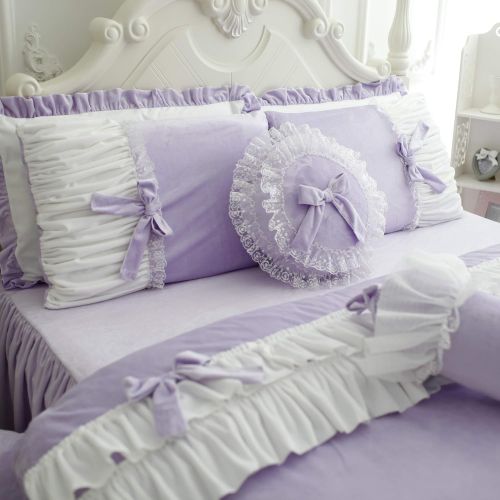  FADFAY Velvet Bedding Queen Purple Girls Bedding Duvet Cover Set Premium Romantic White Ruffle Duvet Cover Sets 4-Piece:1 Duvet Cover，1 Bed Skirt，2 pillowshams