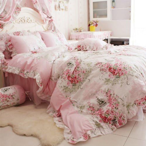  FADFAY 4 Piece Home Textile Floral Print Duvet Cover Bedding Set for Girls, Full Size, Pink Rose