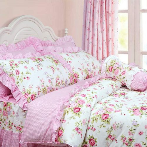  FADFAY 4 Piece Home Textile Floral Print Duvet Cover Bedding Set for Girls, Full Size, Pink Rose