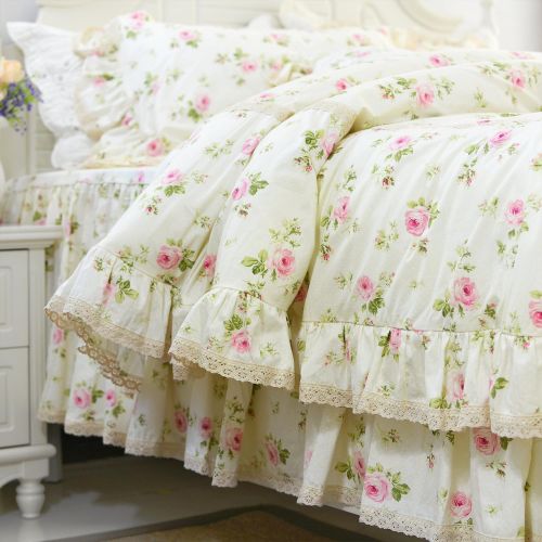  FADFAY Rosette Floral Print Duvet Cover Set Princess Lace Ruffle Bedding Set For Girls 4 Pieces Twin Size