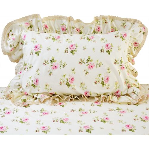  FADFAY Rosette Floral Print Duvet Cover Set Princess Lace Ruffle Bedding Set For Girls 4 Pieces Twin Size