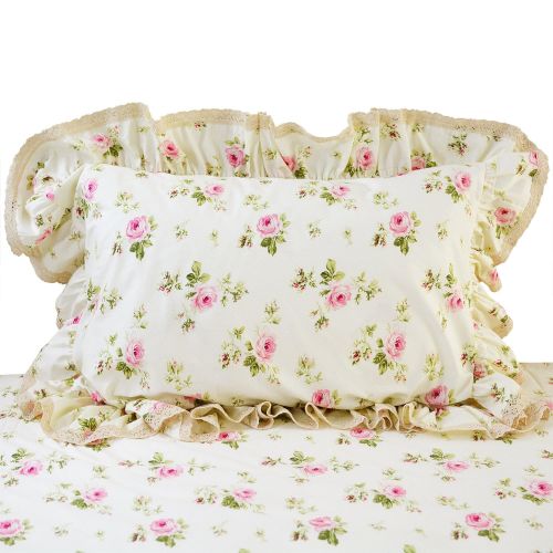  FADFAY Rosette Floral Print Duvet Cover Set Princess Lace Ruffle Bedding Set For Girls 4 Pieces Twin Size