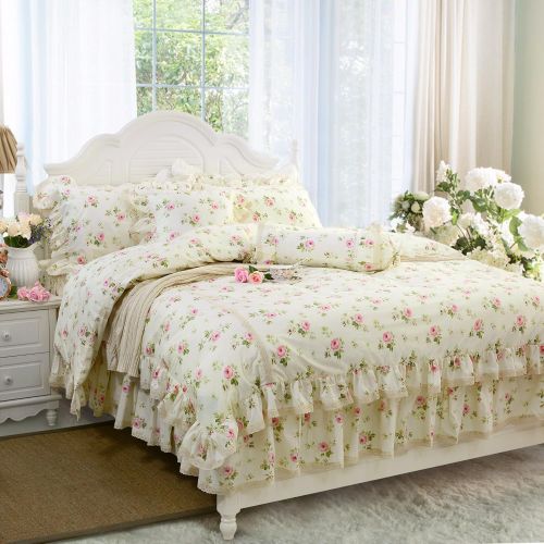  FADFAY Rosette Floral Print Duvet Cover Set Princess Lace Ruffle Bedding Set For Girls 4 Pieces Twin Size