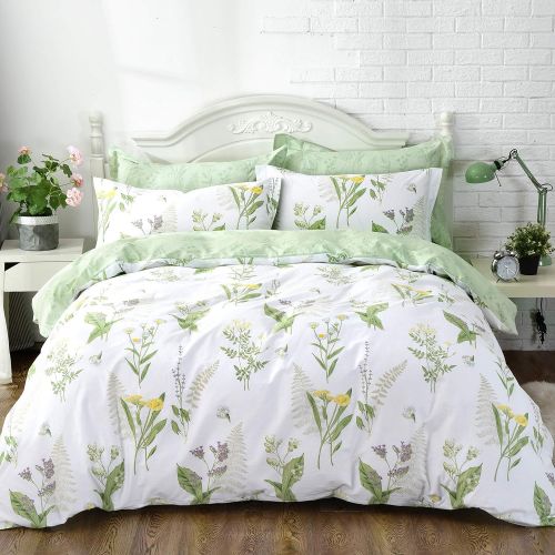  FADFAY Shabby Green Floral Duvet Cover Set Cotton Twin XL Girls Bedding Set 4 PCS(1flat Sheet+1duvet Cover+2pillowcases) Twin Extra Long Size