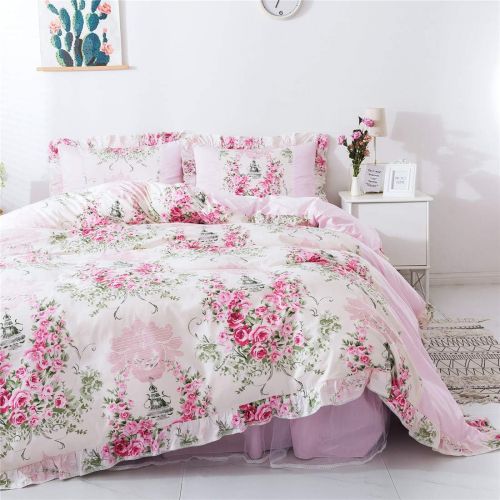  FADFAY Home Textile Pink Rose Floral Print Duvet Cover Bedding Set For Girls 4 Pieces Queen Size