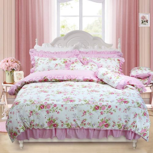  FADFAY Home Textile Pink Rose Floral Print Duvet Cover Bedding Set For Girls 4 Pieces Queen Size