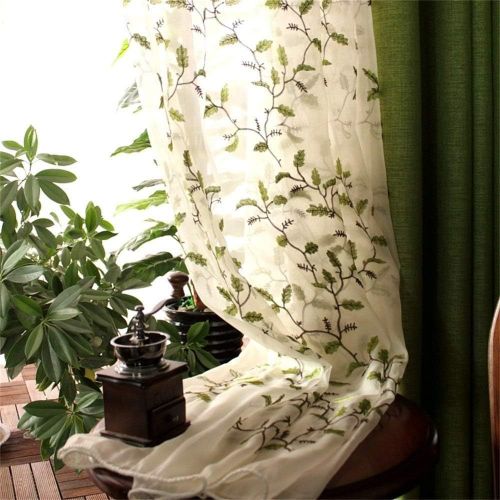  FADFAY Floral Embroidered Semi Sheer Curtains Botanical Design Elegant Green White Leaves Sheer American Country Style Room Darkening Window Curtain Panel Pair, Set of 2, 54 x 63,