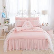 FADFAY Luxury Princess Girls Pink Bedding Sets White Lace Ruffled Duvet Cover Set 8PCS Queen
