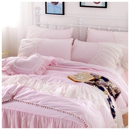  FADFAY Home Textile,Beautiful Korean Lace Bedding Sets,Luxury Girls Purple Lace Ruffle Bedding Sets,Romantic Princess Wedding Bedding Set,Girls Fairy Bedding Sets Full Size