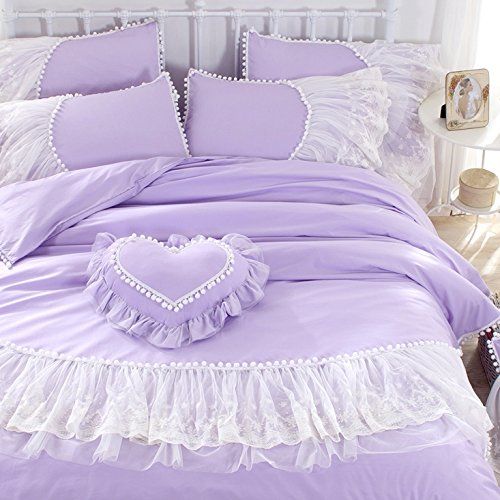  FADFAY Home Textile,Beautiful Korean Lace Bedding Sets,Luxury Girls Purple Lace Ruffle Bedding Sets,Romantic Princess Wedding Bedding Set,Girls Fairy Bedding Sets Full Size
