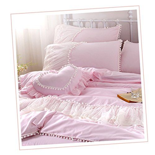  FADFAY Home Textile,Beautiful Korean Lace Bedding Sets,Luxury Girls Purple Lace Ruffle Bedding Sets,Romantic Princess Wedding Bedding Set,Girls Fairy Bedding Sets Full Size