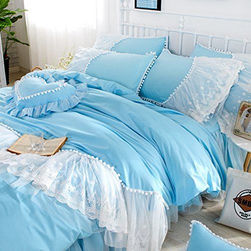  FADFAY Home Textile,Beautiful Korean Lace Bedding Sets,Luxury Girls Purple Lace Ruffle Bedding Sets,Romantic Princess Wedding Bedding Set,Girls Fairy Bedding Sets Full Size