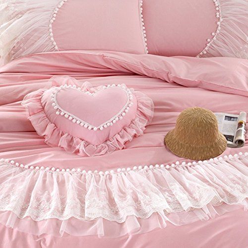  FADFAY Home Textile,Beautiful Korean Lace Bedding Sets,Luxury Girls Purple Lace Ruffle Bedding Sets,Romantic Princess Wedding Bedding Set,Girls Fairy Bedding Sets Full Size