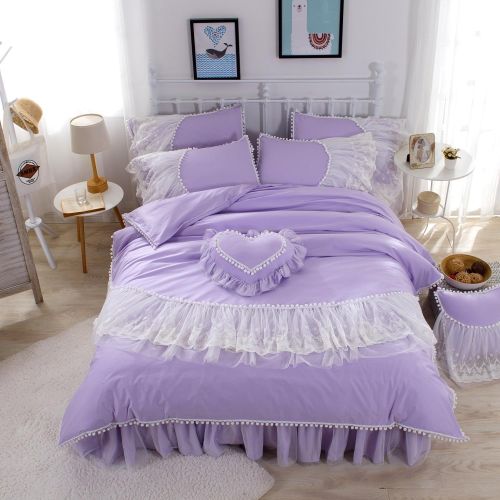  FADFAY Home Textile,Beautiful Korean Lace Bedding Sets,Luxury Girls Purple Lace Ruffle Bedding Sets,Romantic Princess Wedding Bedding Set,Girls Fairy Bedding Sets Full Size