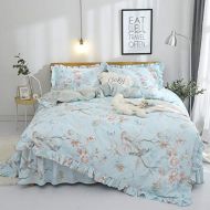 FADFAY Shabby Green Floral Bedding 100% Cotton Princess Lace Ruffle Girls Duvet Cover Set with Bedskirt, 4Pcs, Queen Size