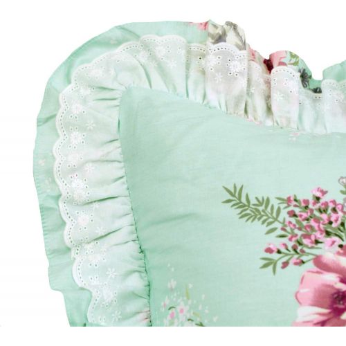  FADFAY Shabby Green Floral Bedding 100% Cotton Princess Lace Ruffle Girls Duvet Cover Set with Bedskirt, 4Pcs, Queen Size