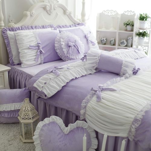  FADFAY Cute Girls Short Plush Bedding Set Romantic White Ruffle Duvet Cover Sets 4-Piece,Purple Full