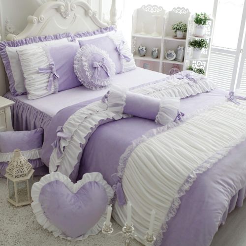  FADFAY Cute Girls Short Plush Bedding Set Romantic White Ruffle Duvet Cover Sets 4-Piece,Purple Full