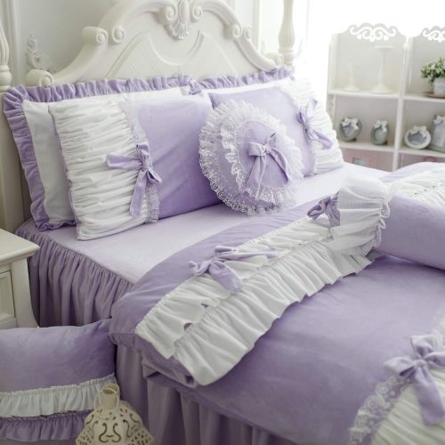  FADFAY Cute Girls Short Plush Bedding Set Romantic White Ruffle Duvet Cover Sets 4-Piece,Purple Full