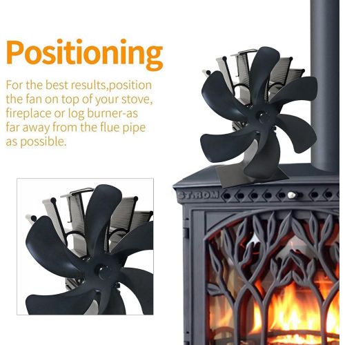  FAKEME 2X Upgraded 6 Blade Fireplace Fan Heat Powered Stove Fan for Wood/Log Burner/Fireplace Eco Friendly and Efficient Heat Distribution Fan,Black，Round
