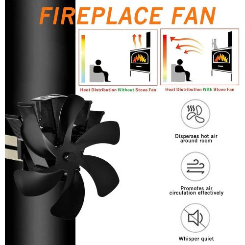  FAKEME 2X Upgraded 6 Blade Fireplace Fan Heat Powered Stove Fan for Wood/Log Burner/Fireplace Eco Friendly and Efficient Heat Distribution Fan,Black，Round
