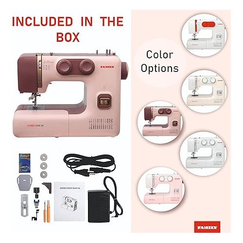  FAMILY Hobby Line 24| Household Sewing Machine with Accessory Kit, Foot Pedal (Pink Brown)