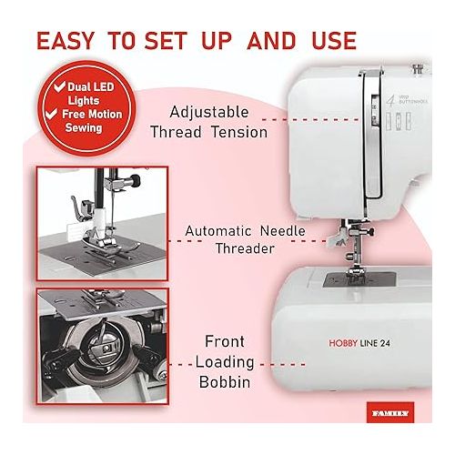  FAMILY Hobby Line 24| Household Sewing Machine with Accessory Kit, Foot Pedal (Silk White)