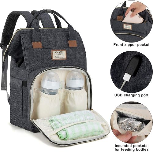  [아마존베스트]FANCYOUT Diaper Bag Backpack with USB Charging Port and Stroller Straps, Maternity Nappy Bag with Insulated Feeding Bottle Pockets & Changing Pad Pocket, Waterproof Travel Backpack (Dark Gr