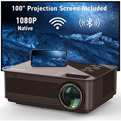  Native 1080P WiFi Projector Outdoor Movie Projector with 100 Projection Screen Included, FANGOR Bluetooth Projector 4K Supported Video Projector, Compatible with Phones, Laptops,