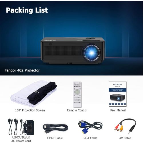  Native 1080P WiFi Projector Outdoor Movie Projector with 100 Projection Screen Included, FANGOR Bluetooth Projector 4K Supported Video Projector, Compatible with Phones, Laptops,