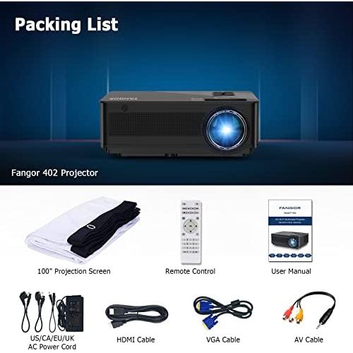  Native 1080P WiFi Projector - Outdoor Movie Projector with 100 Projection Screen Included, FANGOR Bluetooth Projector 4K-Supported Video Projector, Compatible with Phones, Laptops,