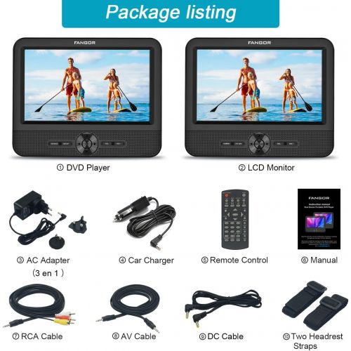  [아마존베스트]FANGOR 7.5 Dual Screen DVD Player for Car Portable CD Players with 5 Hours Rechargeble Battery, Free Regions, Last Memory, USB/SD Card Reader, AV Out&in ( 1 Player + 1 Screen)