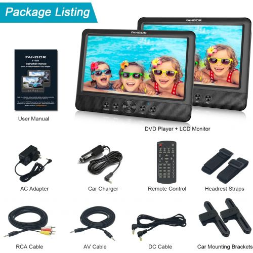  [아마존베스트]FANGOR 10.5 Dual DVD Player for Car Portable Headrest Video Players with 2 Mounting Brackets, 5 Hours Rechargeable Battery, Last Memory, USB/SD Card Reader, AV Out&in ( 1 Player +