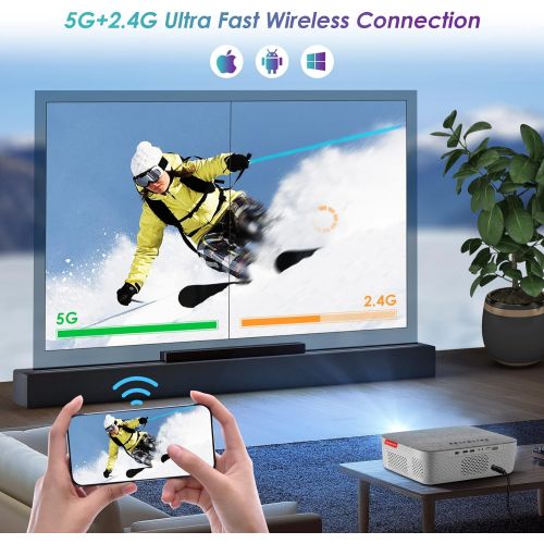  5G WiFi Projector 4K Supported - FANGOR 340ANSI Native 1080P Projector Bluetooth Outdoor Movie Projector / Full Sealed Design/Digital Keystone/300” Display/50% Zoom, for Phone/PC/D
