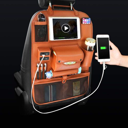  FANSONG Multi-function Leather Car Backseat Organizer Holder with 4 USB Charging Ports for Cell Phone Tablet Charger Waterproof Pockets Storage Bag - Brown