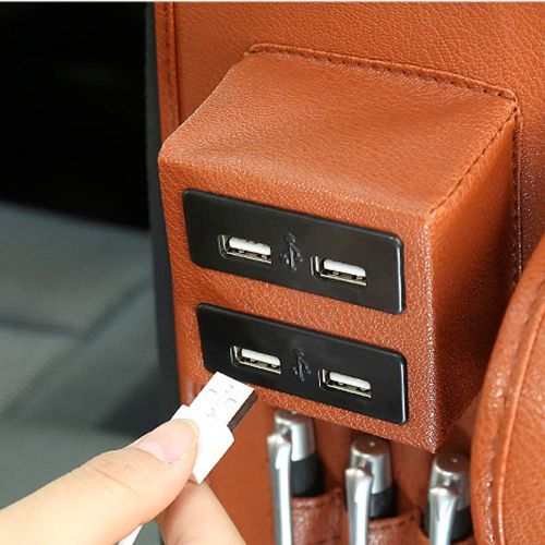  FANSONG Multi-function Leather Car Backseat Organizer Holder with 4 USB Charging Ports for Cell Phone Tablet Charger Waterproof Pockets Storage Bag - Brown