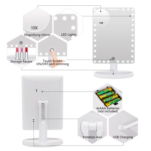  FASCINATE Extra Large Lighted Makeup Mirror, Makeup Vanity Mirror with 35 LED Lights and 10X Magnification, Touch Screen Dimmable 360°Rotation, Cord and Cordless Countertop Cosmeti