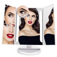 FASCINATE Lighted Makeup Mirror, Tri-fold Vanity Mirror w/ 24 LEDs Lights 2X/3X/10X Magnification Mirror, Touch Screen Dimming, Cord & Cordless, 180°Rotation Light Up Mirror (White