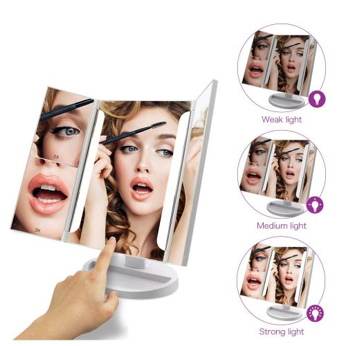  FASCINATE Lighted Makeup Mirror, Tri-fold Vanity Mirror w/ 24 LEDs Lights 2X/3X/10X Magnification Mirror, Touch Screen Dimming, Cord & Cordless, 180°Rotation Light Up Mirror (White