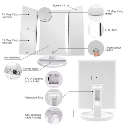  FASCINATE Lighted Makeup Mirror, Tri-fold Vanity Mirror w/ 24 LEDs Lights 2X/3X/10X Magnification Mirror, Touch Screen Dimming, Cord & Cordless, 180°Rotation Light Up Mirror (White