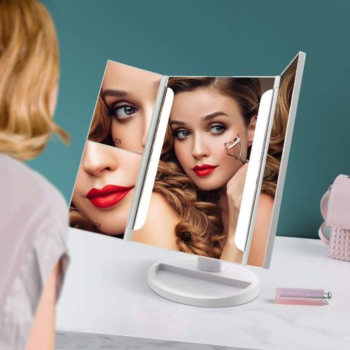  FASCINATE Lighted Makeup Mirror, Tri-fold Vanity Mirror w/ 24 LEDs Lights 2X/3X/10X Magnification Mirror, Touch Screen Dimming, Cord & Cordless, 180°Rotation Light Up Mirror (White