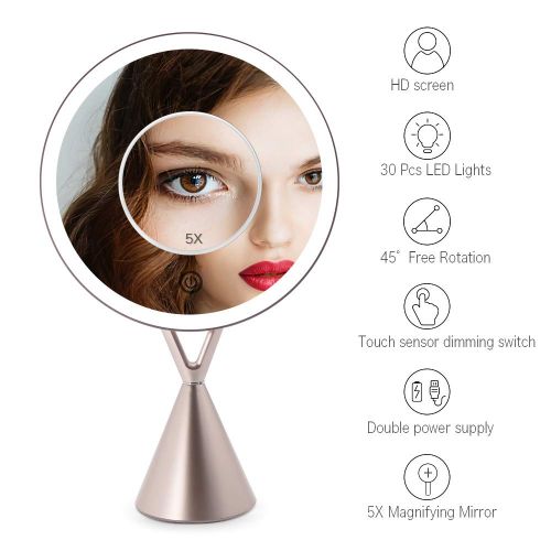  FASCINATE Magnetic Lighted Makeup Mirror, Dimmable Natural Light Vanity Makeup Mirror 45°Rotable Light Up Mirror 35 LED Touch Screen with Mirror 5X Magnification Round Cord/Cordles