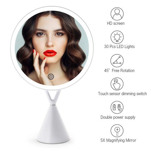  FASCINATE Magnetic Lighted Makeup Mirror, Dimmable Natural Light Vanity Makeup Mirror 45°Rotable Light Up Mirror 35 LED Touch Screen with Mirror 5X Magnification Round Cord/Cordles