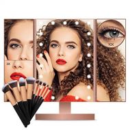 [아마존 핫딜] FASCINATE Lighted Makeup Mirror, Trifold Vanity Mirror with 21 LED Lights and 2X/3X /10X Magnification, Touch Screen Dimming, Dual Power Supply, 180° Rotation Light Up Mirror (Rose