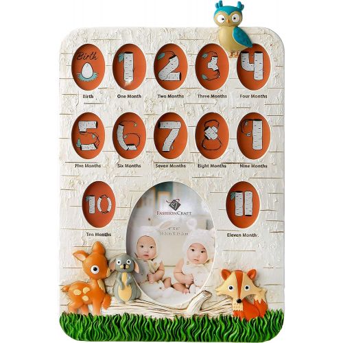  Fashioncraft Woodland Animals Babys First Year Collage Photo Frame - Polyresin - Handpainted - 13 Openings - Gender Neutral for Boys and Girls - Baby Room Decor