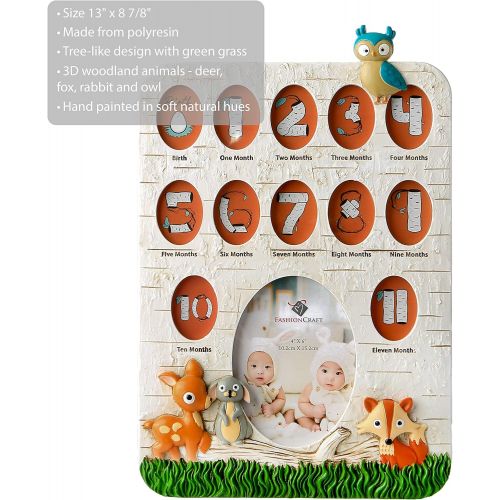  Fashioncraft Woodland Animals Babys First Year Collage Photo Frame - Polyresin - Handpainted - 13 Openings - Gender Neutral for Boys and Girls - Baby Room Decor