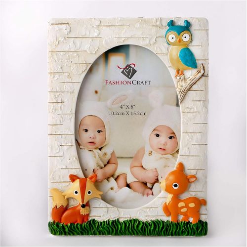  Fashioncraft Woodland Animals 4x6 Photo Frame - Polyresin - Handpainted - Oval Insert - Gender Neutral for Boys and Girls - Baby Room Decor