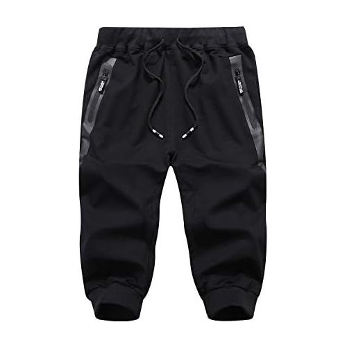  FASKUNOIE Mens 3/4 Joggers Elastic Cotton Capri Pants Below Knee Gym Short Pants with Zip Pockets