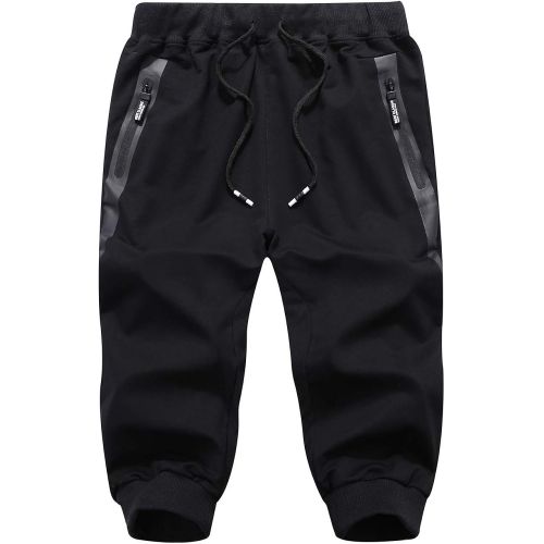  FASKUNOIE Mens 3/4 Joggers Elastic Cotton Capri Pants Below Knee Gym Short Pants with Zip Pockets